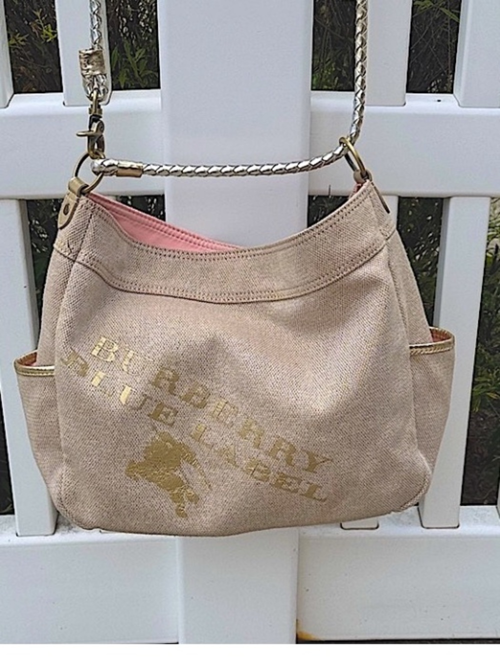 Burberry Taupe Canvas Shoulder Bag with Gold Logo and Braided Strap - Picture 10 of 15